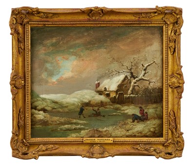 Lot 853 - Manner of George Morland, 19th century oil on canvas - Winter Landscape, in gilt frame