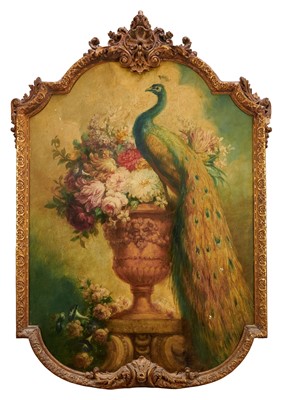Lot 863 - Continental School, late 19th century, oil on panel - A Peacock and Urn, in shaped gilt frame, 149cm x 104cm overall