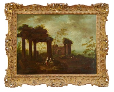 Lot 859 - Continental School, 18th century, oil on panel - Arcadian Landscape, 30cm x 40cm, in gilt frame
