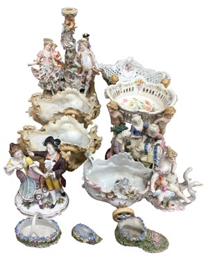 Lot 28 - Group of continental ceramics, including a Dresden centrepice, a Dresden pierced bowl supported by cherubs, etc