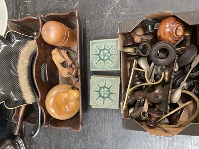 Lot 135 - Treen including Brighton bun candlestick, cutlery tray, also restorers items pair of opaline glass lamps