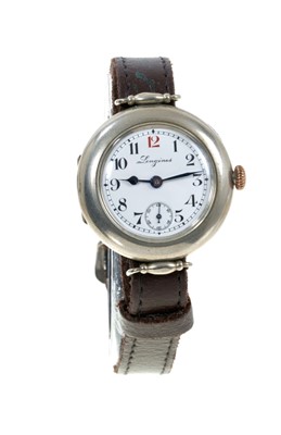 Lot 437 - WWI period Longines wristwatch on leather strap
