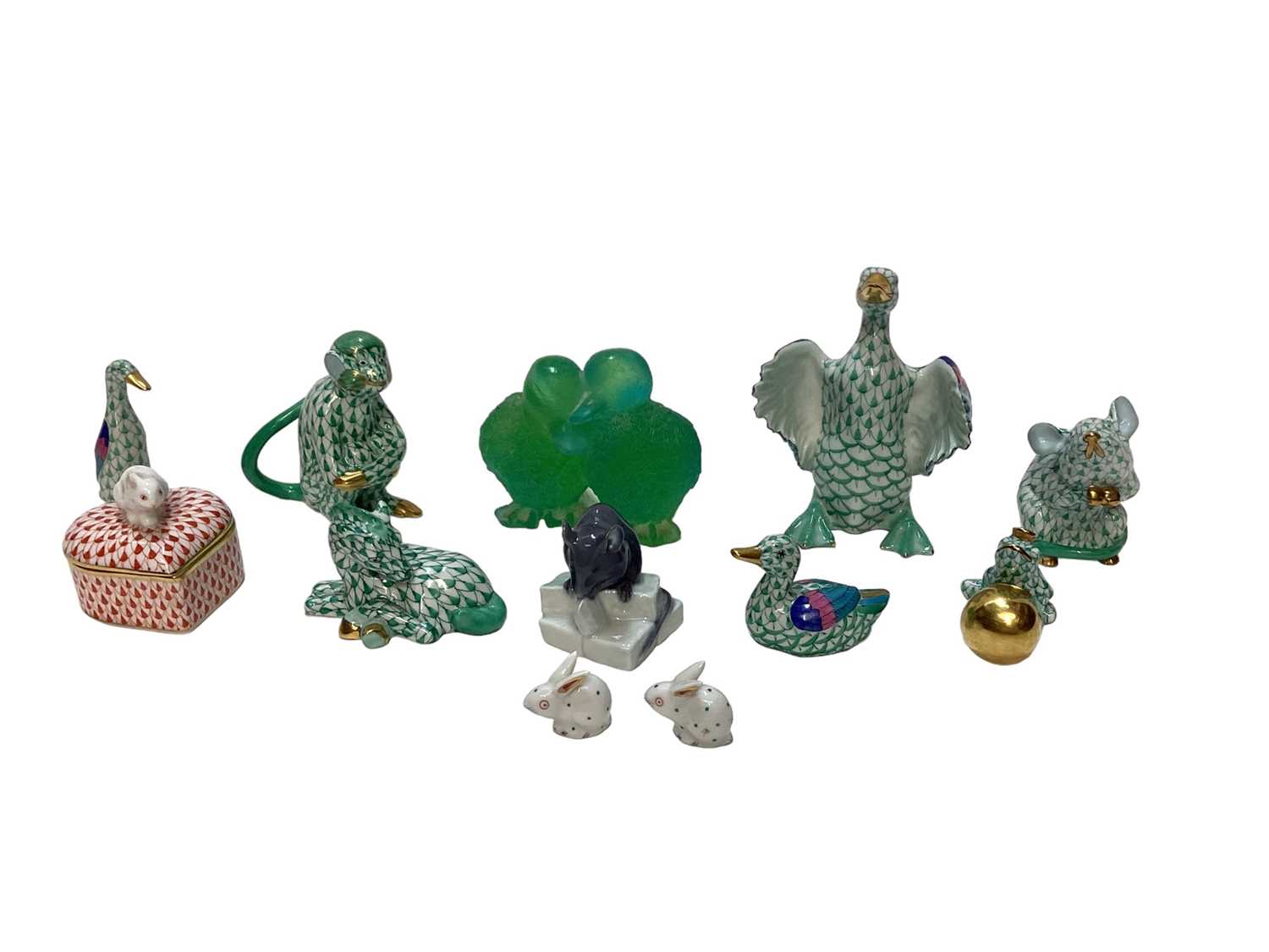 Lot 1118 - Group of Herend porcelain animal ornaments, Copenhagen mouse and a Daum green glass paperweight of two ducklings