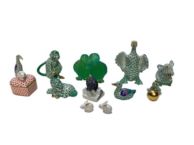 Lot 1118 - Group of Herend porcelain animal ornaments, Copenhagen mouse and a Daum green glass paperweight of two ducklings