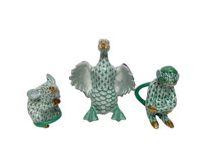 Lot 1118 - Group of Herend porcelain animal ornaments, Copenhagen mouse and a Daum green glass paperweight of two ducklings