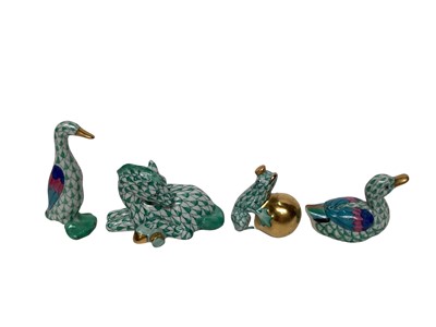 Lot 1118 - Group of Herend porcelain animal ornaments, Copenhagen mouse and a Daum green glass paperweight of two ducklings