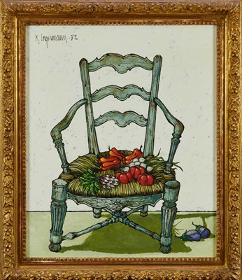 Lot 878 - Keith Ingermann (1929-2012) oil on board - Still Life with Chair and Vegetables, signed and dated '72, 47cm x 39cm, in gilt frame