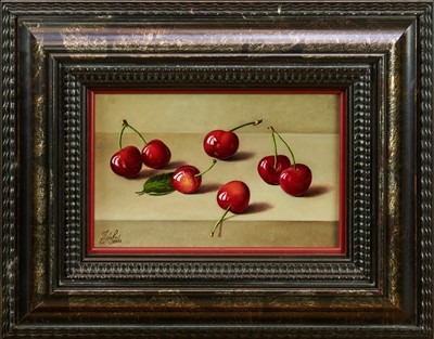 Lot 906 - Johan De Fre (b. 1952) oil on board - Still Life, Red Cherries, signed and dated 2003, 13cm x 20cm, framed
