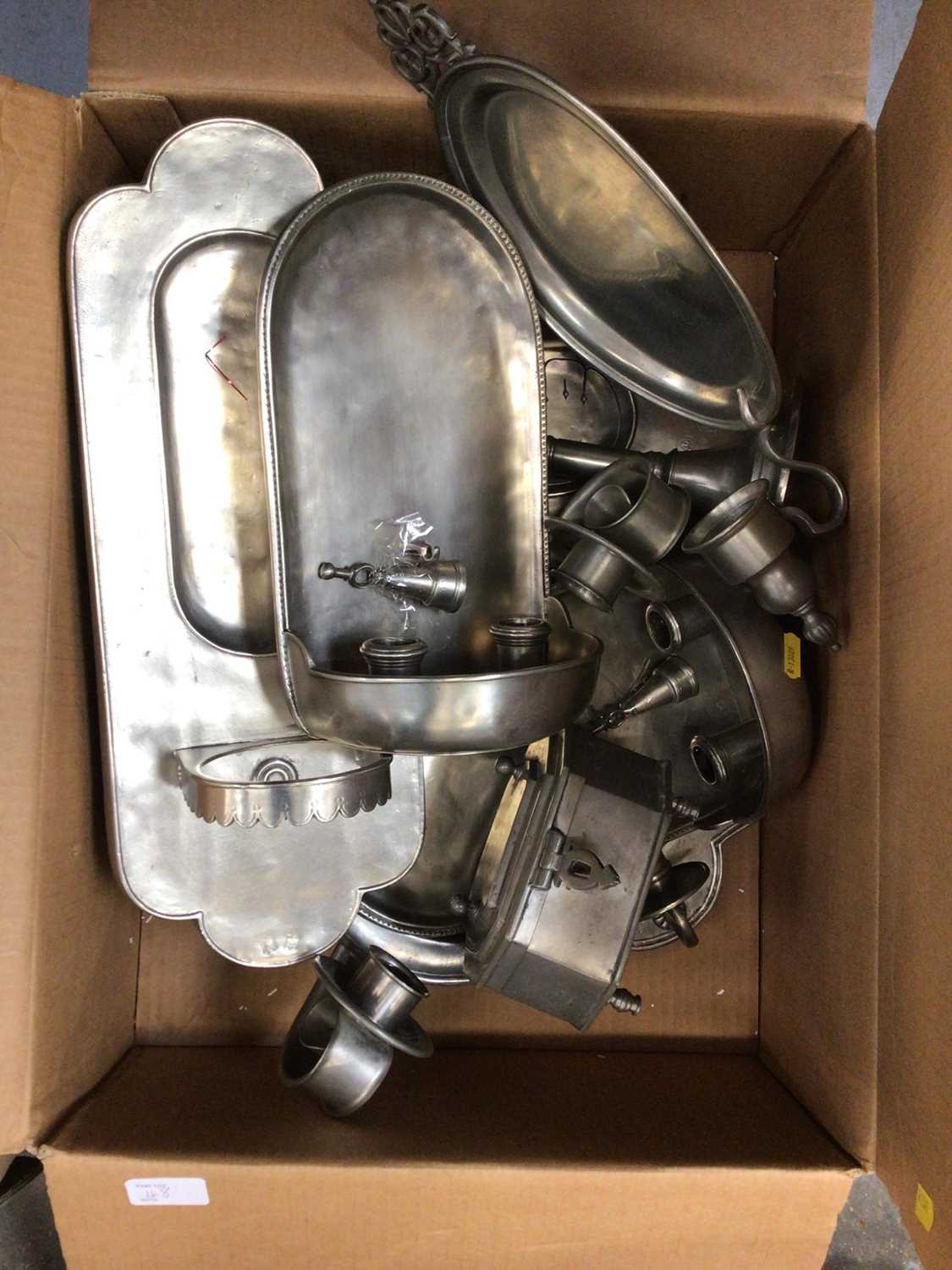 Lot 48 - Four boxes of mostly modern pewter, including candelabra, tankards, water stoups, etc