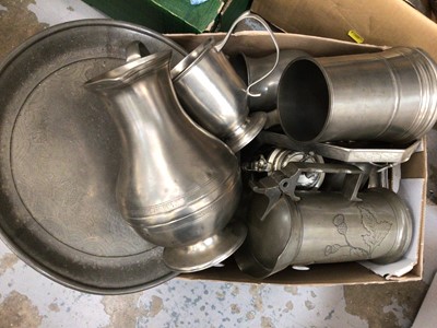 Lot 48 - Four boxes of mostly modern pewter, including candelabra, tankards, water stoups, etc