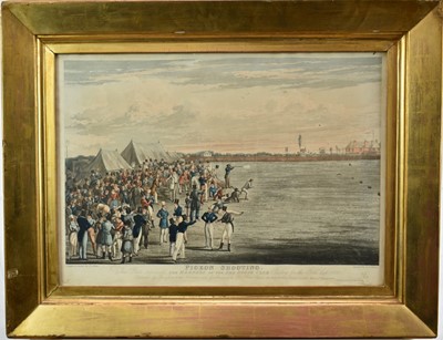 Lot 824 - Henry Alken, hand coloured aquatint - Pigeon shooting. The Members of the Red-House Club Shooting for the Gold Cup 1828