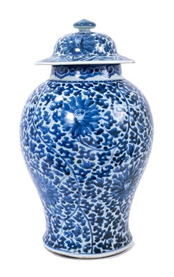 Lot 305 - 18th century Chinese blue and white baluster vase and cover.