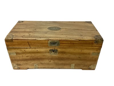 Lot 1136 - Victorian brass bound camphor wood think with plaque reading 'By Her Majesty's Royal Letters Patent', with Royal crest and maker's mark for 'F. Cottrill, St. Paul's Birm.'