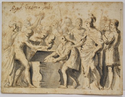 Lot 921 - Italian School, 18th century, miniature pen and ink with wash - Classical Figures, inscribed, 7cm x 9cm, unframed
