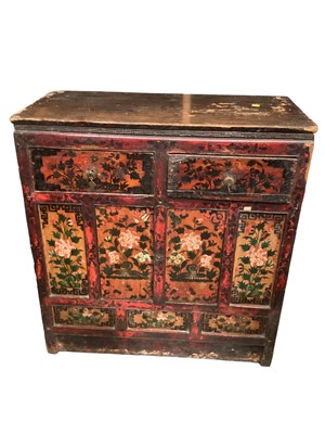 Lot 1227 - Antique Tibetan Shukhan chest with two drawers and cupboard below, 89cm wide, 43cm deep, 93.5cm high (with receipt of purchase)