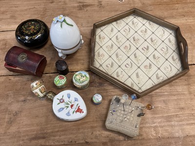 Lot 1221 - Group of Halcyon Days enamel boxes, Herend porcelain egg and antique jewellery boxes