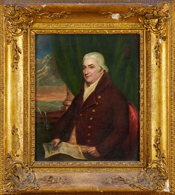 Lot 1327 - Early 19th century oil on panel, portrait of a statesman, reading a newspaper dated 1805, in period swept frame