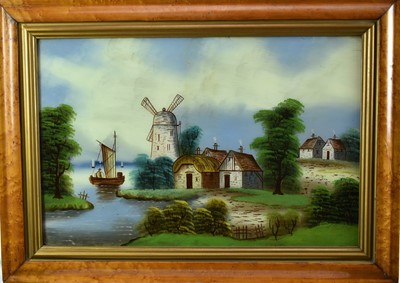 Lot 1241 - Group of three 19th century continental reverse paintings on glass, each in birds eye maple frames