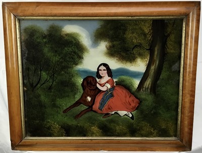 Lot 203 - 19th century reverse painting on glass depicting a girl and dog, also 19th century reverse painting on glass depicting a gypsy camp