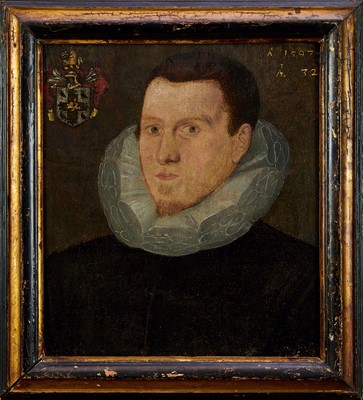 Lot 1348 - Late 16th century English School, oil on panel, portrait of a Gentleman wearing a ruff, painted 1597 aged 32