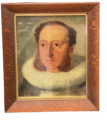 Lot 394 - German School, 19th century, oil on board, portrait og a gentleman wearing a ruff, inscribed verso, in glazed oak frame