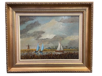 Lot 392 - Bill Burton oil on board - Turf Fenn on the River Ant, Norfolk, signed, titled verso, in gilt frame