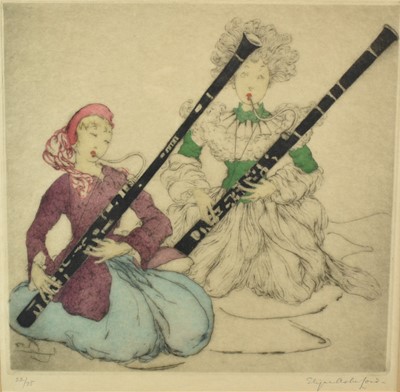 Lot 983 - Elyse Ashe Lord (1900-1971) signed limited edition coloured etching - Bassoons Players, 22/75, 33cm sqaure, in original glazed frame
