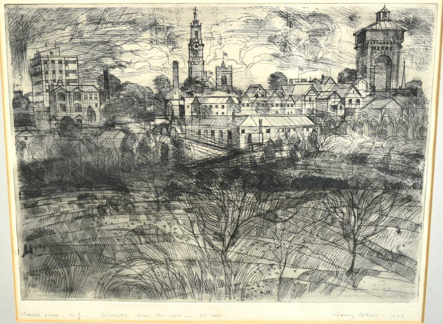 Lot 859 - Henry Collins (1910-1994) signed artist's proof etching - Colchester from the west, signed, inscribed and dated 1978 in pencil, 40cm x 51cm, in glazed frame