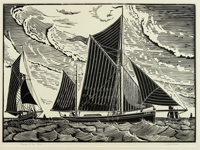 Lot 830 - *James Dodds (b.1957), signed limited edition linocut - 'Pioneer at Sea', 68/150, 55cm x 75cm, in glazed frame