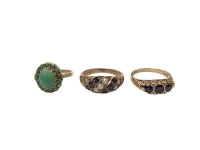 Lot 1110 - 9ct gold turquoise cluster ring, 9ct gold sapphire and seed pearl seven row ring and 9ct gold sapphire three stone ring interspaced with rose cut diamonds
