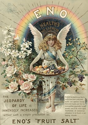 Lot 179 - Victorian advertising page for ENO’S Fruit Salt. “The Jeopardy Of Life Is Immensely Increased Without Such A Simple Precaution As Eno’s Fruit Salt”. Framed. 36x26cm