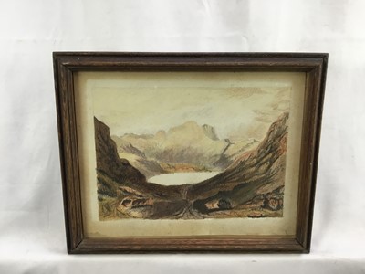Lot 74 - Early 19th century British School. Pastel, mountainous landscape with lake. In oak frame. Overall including frame 20x25cm