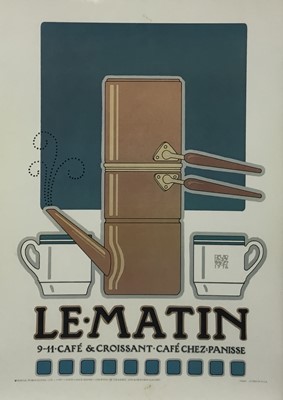 Lot 154 - Vintage advertising cafe lithograph poster, “Le. Matin, 9-11 Cafe & Croissant. Cafe Chez: Panisse”. Artwork by David Lance Goines. Issued by Portal Publications Ltd, 1977. Overall including frame 7...