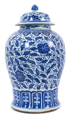 Lot 1 - Large 19th century Chinese blue and white porcelain baluster jar and cover, decorated with foliate patterns, 45cm total height