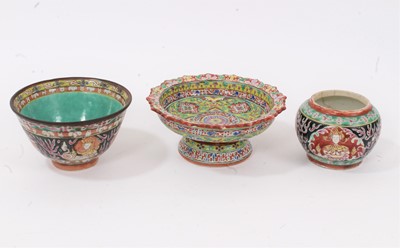 Lot 2 - Three pieces of 19th century Chinese porcelain for the Thai market, including a bowl, jar and footed dish, each piece enamelled, the footed dish measuring 13cm diameter