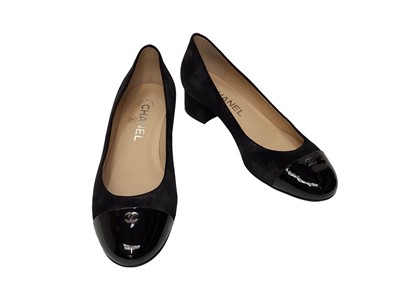 Lot 2080 - Chanel shoes in black velvet with gold finish, small block heel and CC logo on patent toe cap with soft dust bags.  Size 36 1/2.  Unworn