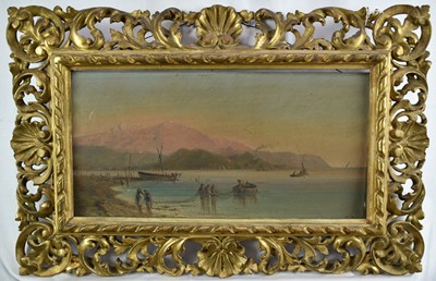 Lot 994 - Italian School, late 19th century, oil on panel - Figures in a Bay, indistinctly signed, 20cm x 40cm, in gilt Florentine frame