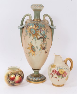 Lot 104 - Small Royal Worcester vase painted with fruit, signed, 7cm high, together with a Royal Worcester blush ivory ewer and twin-handled vase, 31cm high