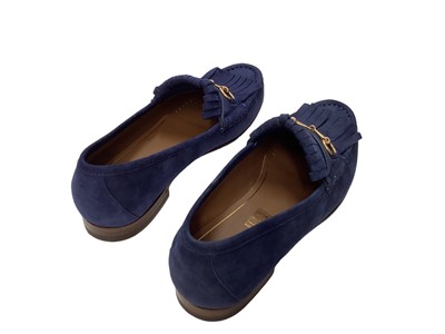Lot 2084 - Gucci women's navy suede loafers with fringe and horse bit detail, soft dust bag and box.  Size 37.  Slight scuffs to soles.