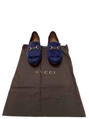 Lot 2084 - Gucci women's navy suede loafers with fringe and horse bit detail, soft dust bag and box.  Size 37.  Slight scuffs to soles.