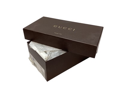 Lot 2084 - Gucci women's navy suede loafers with fringe and horse bit detail, soft dust bag and box.  Size 37.  Slight scuffs to soles.