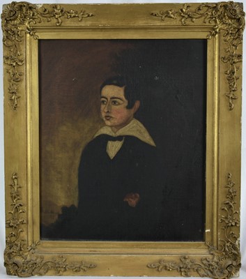Lot 883 - English School, first half 19th century, oil on canvas - portrait of a young man, 37cm x 30cm, in gilt frame