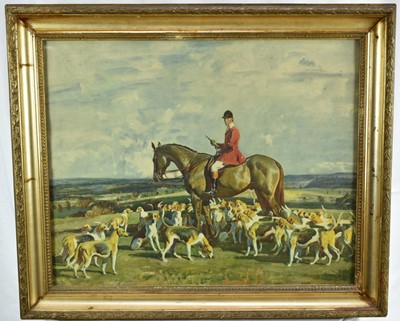 Lot 821 - After Sir Alfred Munnings (1878-1959) coloured print - Stanley Barker and the Pytchley Hounds, 48cm x 60cm, in glazed gilt frame
