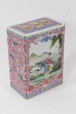 Lot 10 - A Chinese famille rose porcelain flower brick, 20th century, decorated with figural scenes and floral patterns, 20cm high