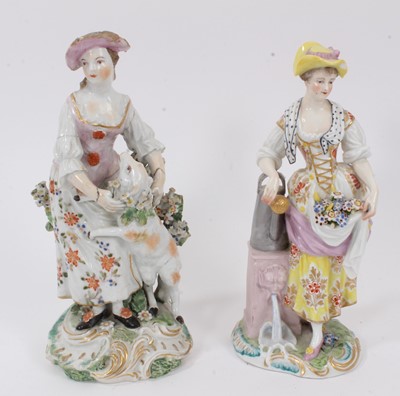 Lot 13 - 18th century Derby figure of a shepherdess, together with a 19th century continental figure of a gardener, both polychrome decorated, 21cm and 22cm high (2)
