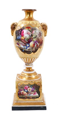 Lot 107 - A large 19th century English porcelain vase, probably Coalport, of urn form on plinth base with ram's head handles, finely painted with panels of fruit and flowers on a pale yellow and gilt ground,...