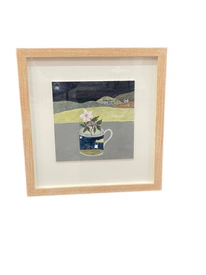 Lot 881 - *Debbie George, contemporary, oil on board - ‘Lighthouse cup, Welsh Landscape', signed, 20cm sqaure, in glazed frame