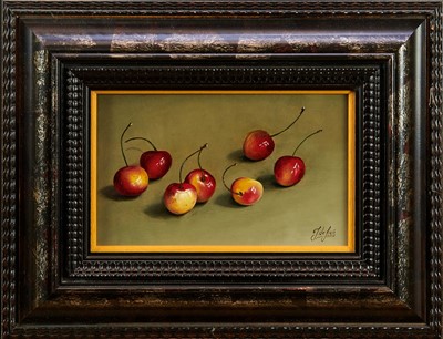 Lot 1409 - Johan De Fre (b. 1952) oil on board - Cherries, signed and dated 2002, 13cm x 20cm, framed  
Provenance: W. H. Patterson, London