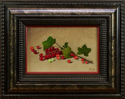 Lot 908 - Johan De Fre (b. 1952) oil on board - Still Life, Ripening Redcurrents, signed and dated 2003, 13cm x 20cm, framed  
Provenance: W. H. Patterson, London