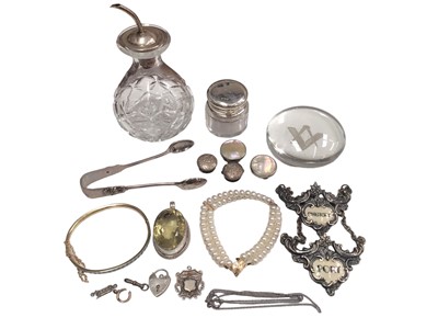 Lot 44 - Silver enamelled bangle, other silver jewellery, double strand cultured pearl bracelet with 14ct gold clasp, pair of silver sugar tongs, silver topped cut glass jars etc